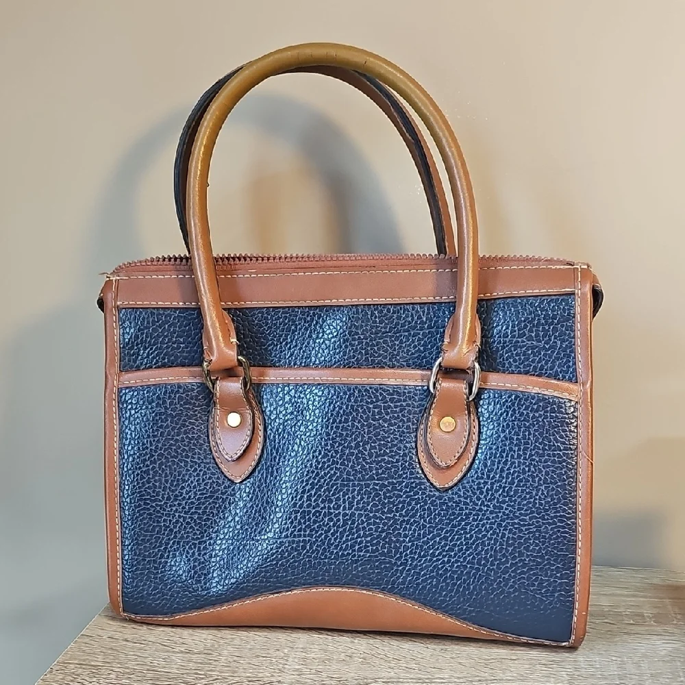 Vintage Dooney & Bourke Navy and Brown Pebbled Leather Satchel Handbag